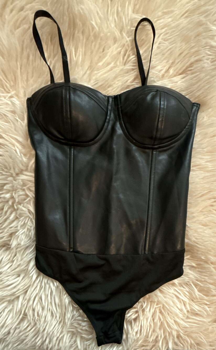 Edit by Nine Black Faux Leather Bustier Bodysuit with Spaghetti Straps